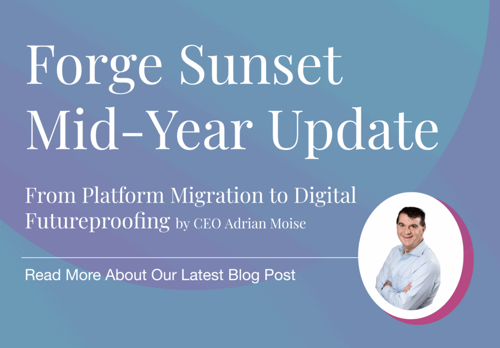 Forge Sunset Mid-Year Update blog banner with title, subtitle, and photo of Adrian Moise